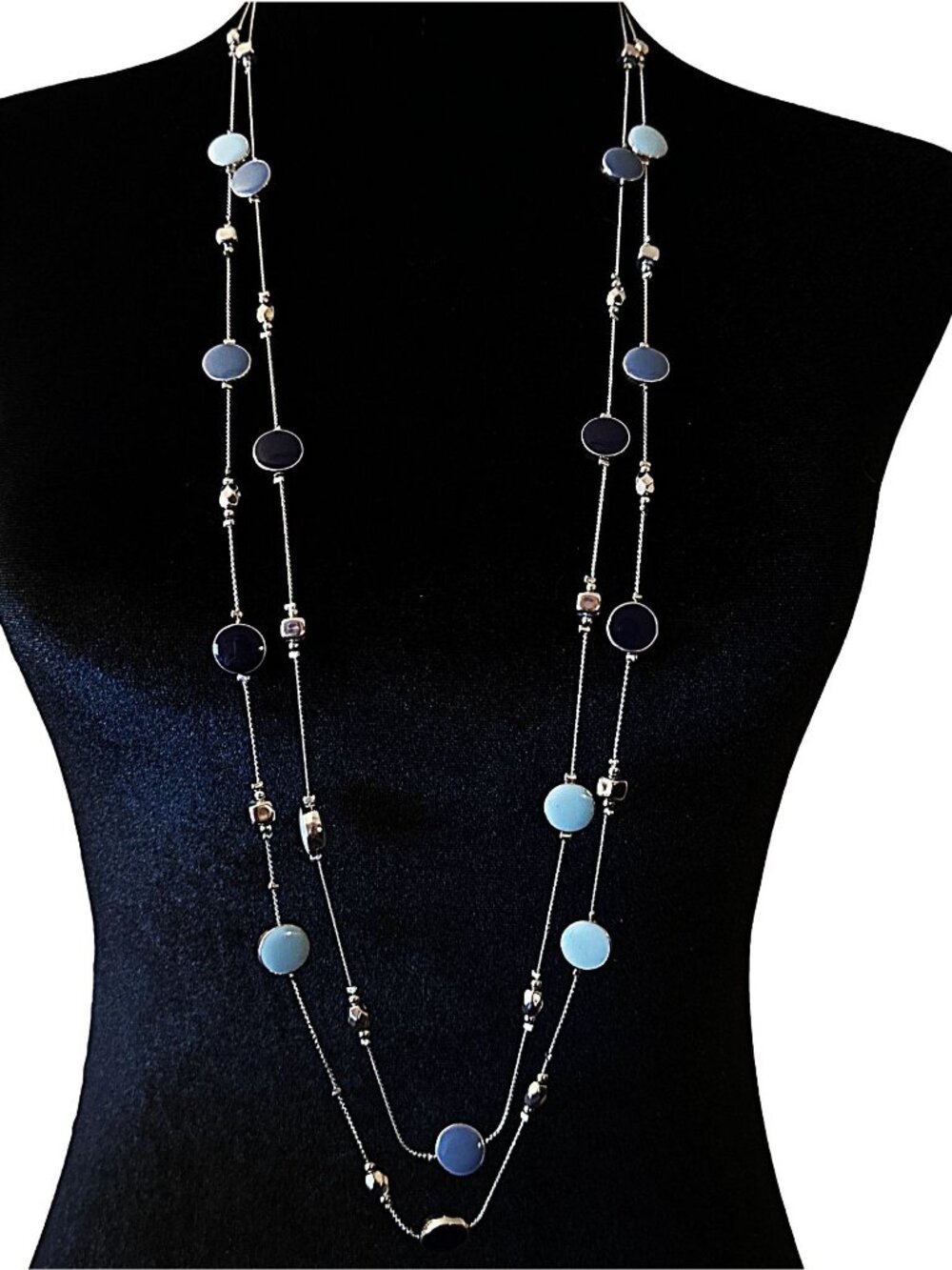 Long Double Strand Necklace Sky Blue Navy Enamel Beads Silver Tone NWOT Womens